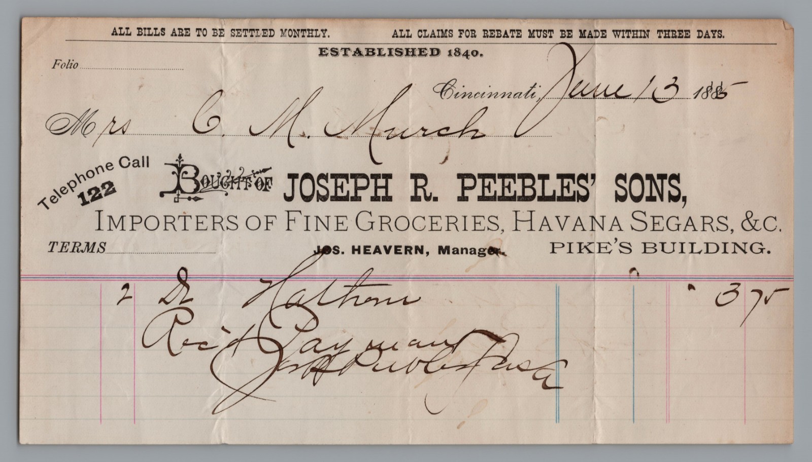 1885 Billhead Joseph R. Peebles\' Sons, \