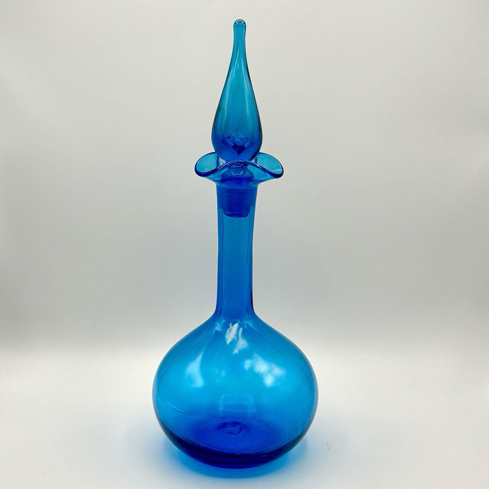 Vntg Blenko Genie Blue Glass Fluted Hand Blown Decanter Flame Stopper #37 1963 Vntg Blenko Genie Blue Glass Fluted Hand Blown Decanter Flame Stopper #37 1963