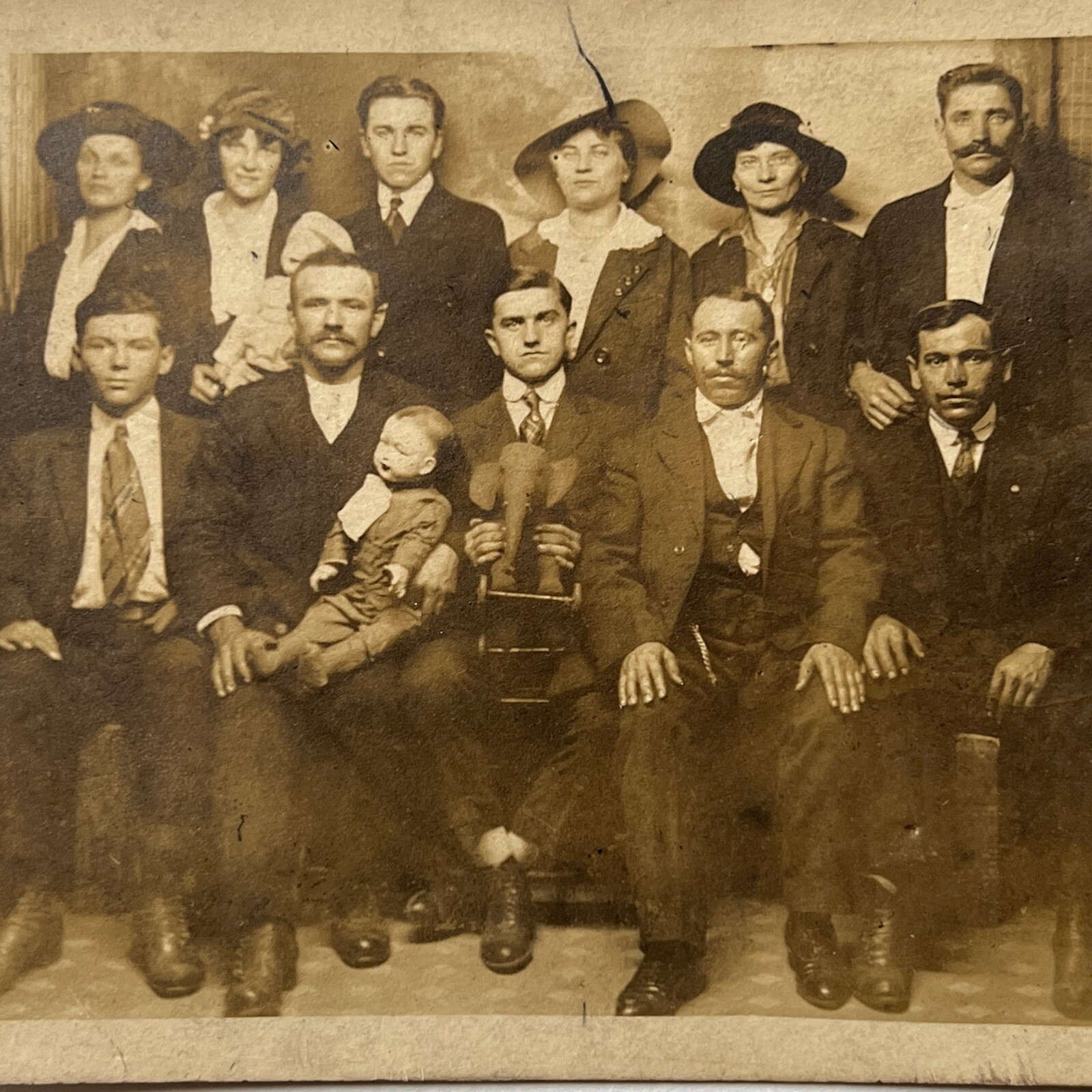 Antique RPPC Real Postcard Group Photograph Men Women Doll Elephant Carnival Odd