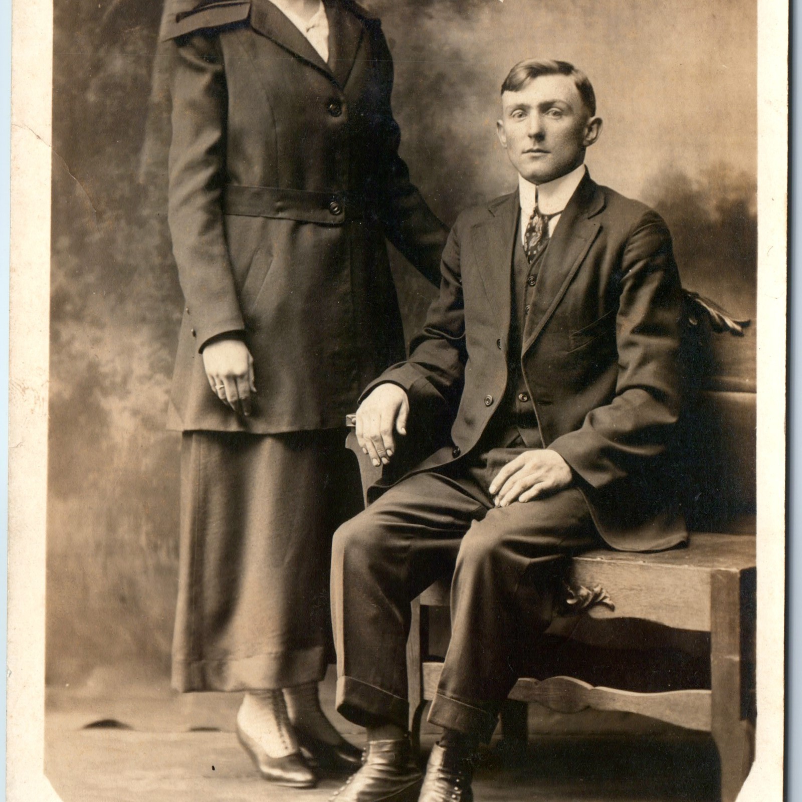 c1910s Couple Portrait RPPC Langer Studio Classy Fashion Suit Dress Antique PC