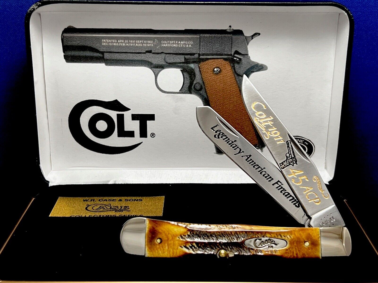 CASE XX Colt .45 Model 1911 Golden BONESTAG Trapper Knife Deep Gold Etching NEW