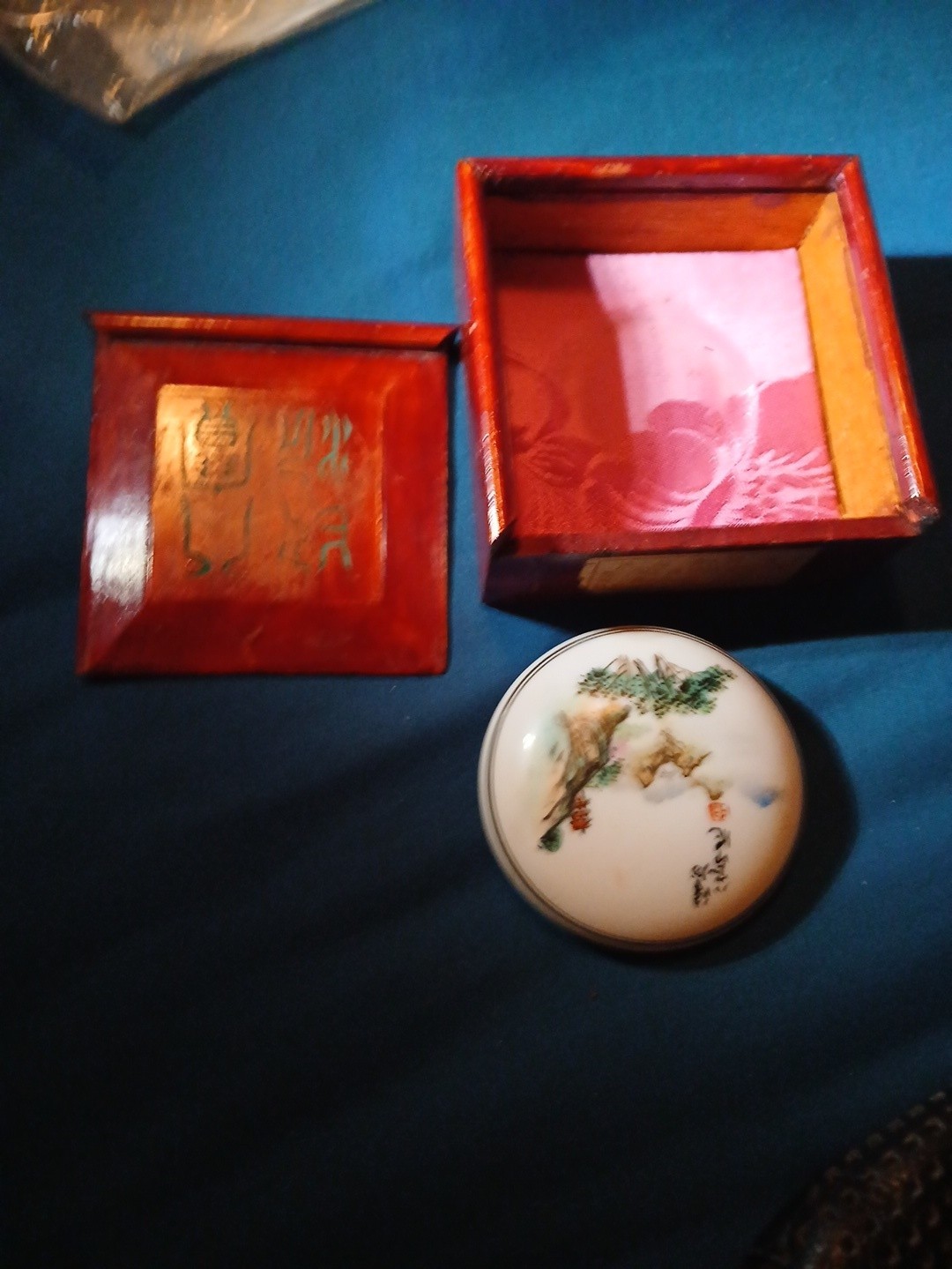 Vintage Chinese Wooden Keepsake Box With Ceramic Ink Paste Container
