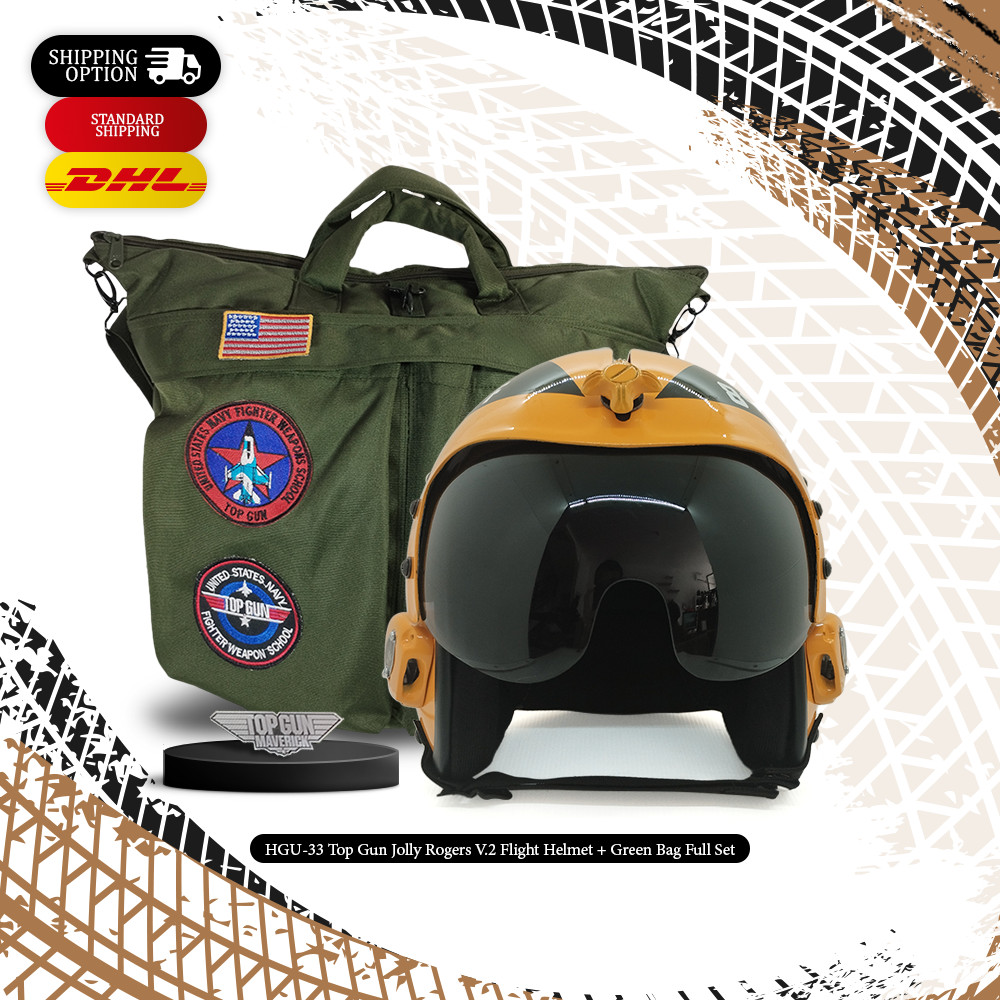 HGU-33 TOP GUN JOLLY ROGERS V.2 FLIGHT PILOT HELMET PROP + GREEN BAG FULL SET