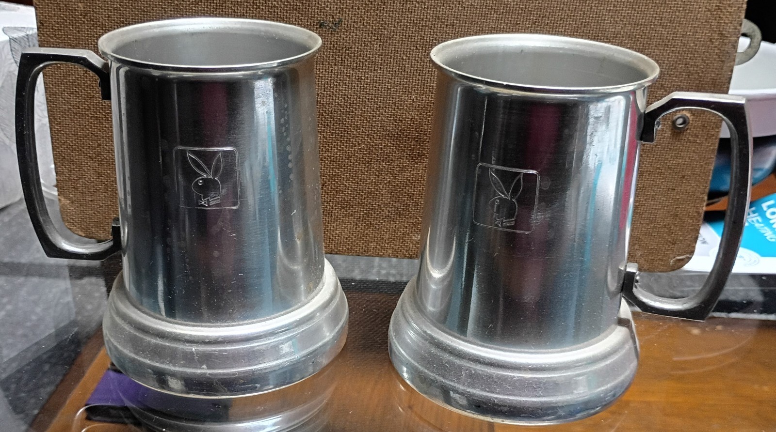 Vintage 1970s Playboy Club Bunny Logo Stainless steel Beer stein Tankards Set of