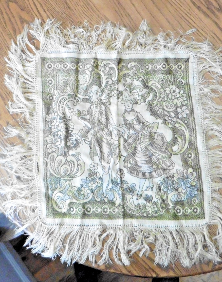 Vtg Victorian Textile Rococo Style Figural Scene w/ Fringed Borders Tapestry