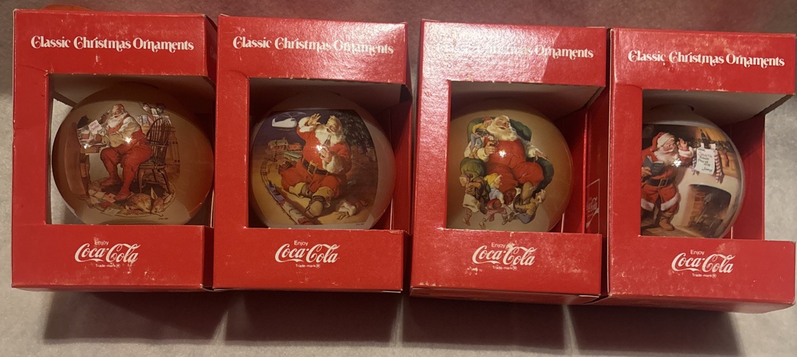 Set of 4 Vintage Coca-Cola Classic Christmas Ornaments Santa Bulbs OriginalBoxes Set of 4 Vintage Coca-Cola Classic Christmas Ornaments Santa Bulbs OriginalBoxes