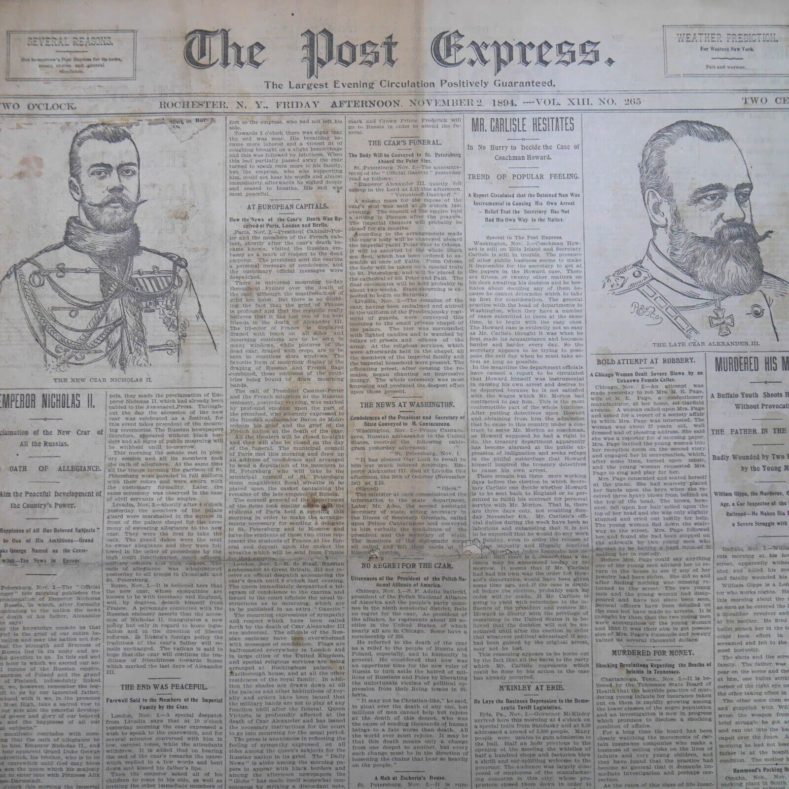 1894 POST EXPRESS Newspaper Russian Tsar Nicholas II Alexander Czar Royalty