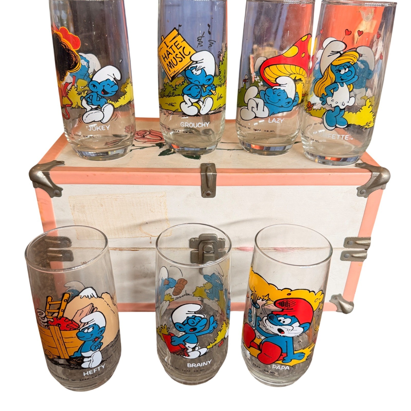Vintage 1982 Smurfs Collector Glasses Set of 7 Wallace Berrie Papa Smurfette