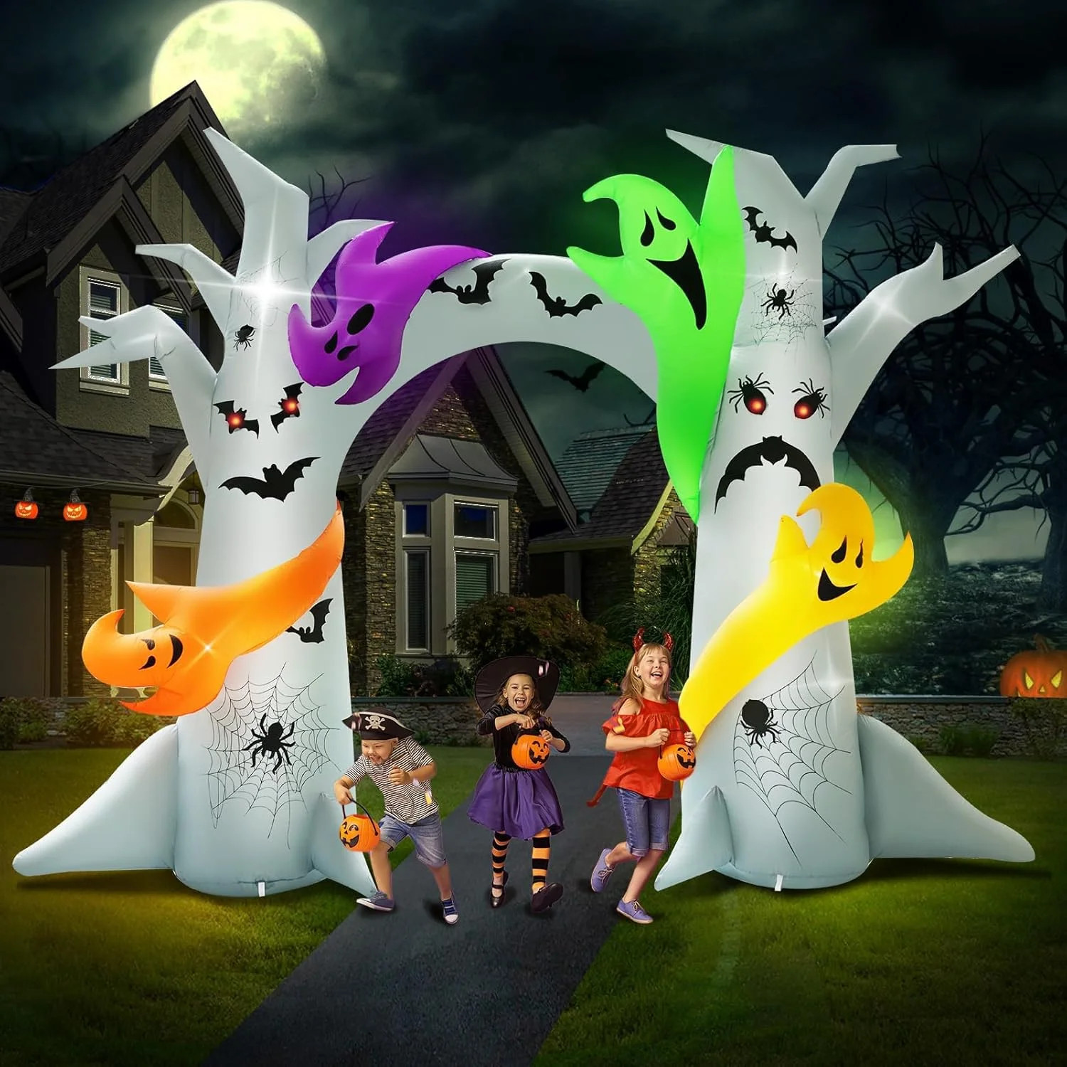 14FT Length X 10FT Tall Halloween Inflatable Tree Arch with 4 Colorful Ghosts, H 14FT Length X 10FT Tall Halloween Inflatable Tree Arch with 4 Colorful Ghosts, H
