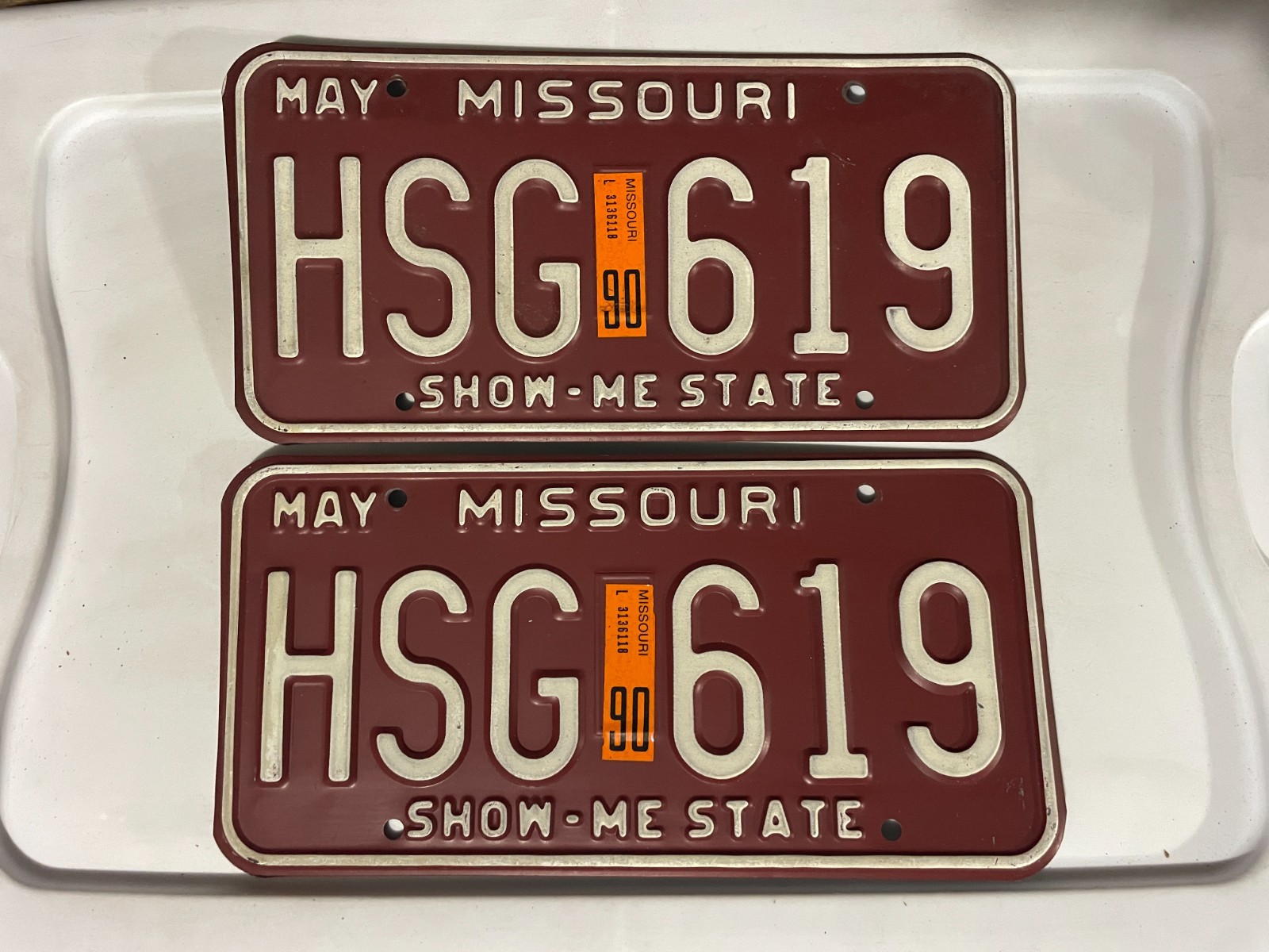 Missouri License Plate Pair of License Plates 1990 MAY HSG 619 Missouri License Plate Pair of License Plates 1990 MAY HSG 619