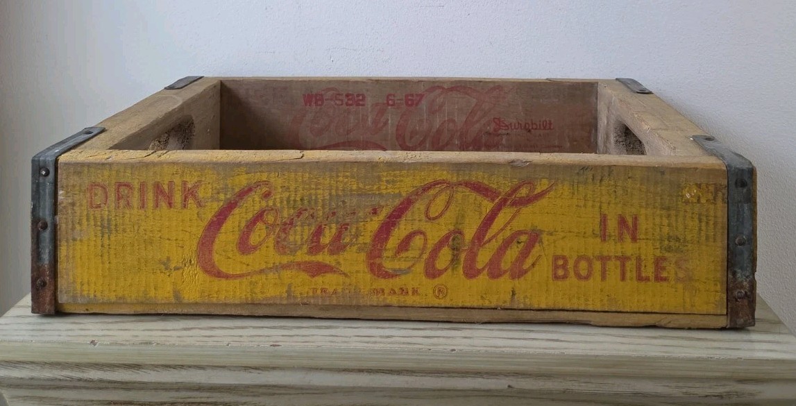 Vintage Wood Coca Cola Bottle Crate ALTON ILLINOIS 1968 Yellow And Red 18 X 12 Vintage Wood Coca Cola Bottle Crate ALTON ILLINOIS 1968 Yellow And Red 18 X 12