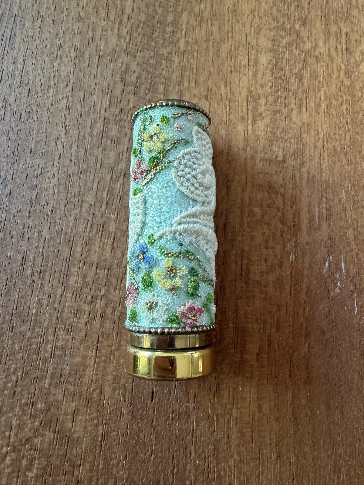 Vintage 1950-1960’s Light Blue Floral Embroidery/beaded Lipstick Tube Vintage 1950-1960’s Light Blue Floral Embroidery/beaded Lipstick Tube
