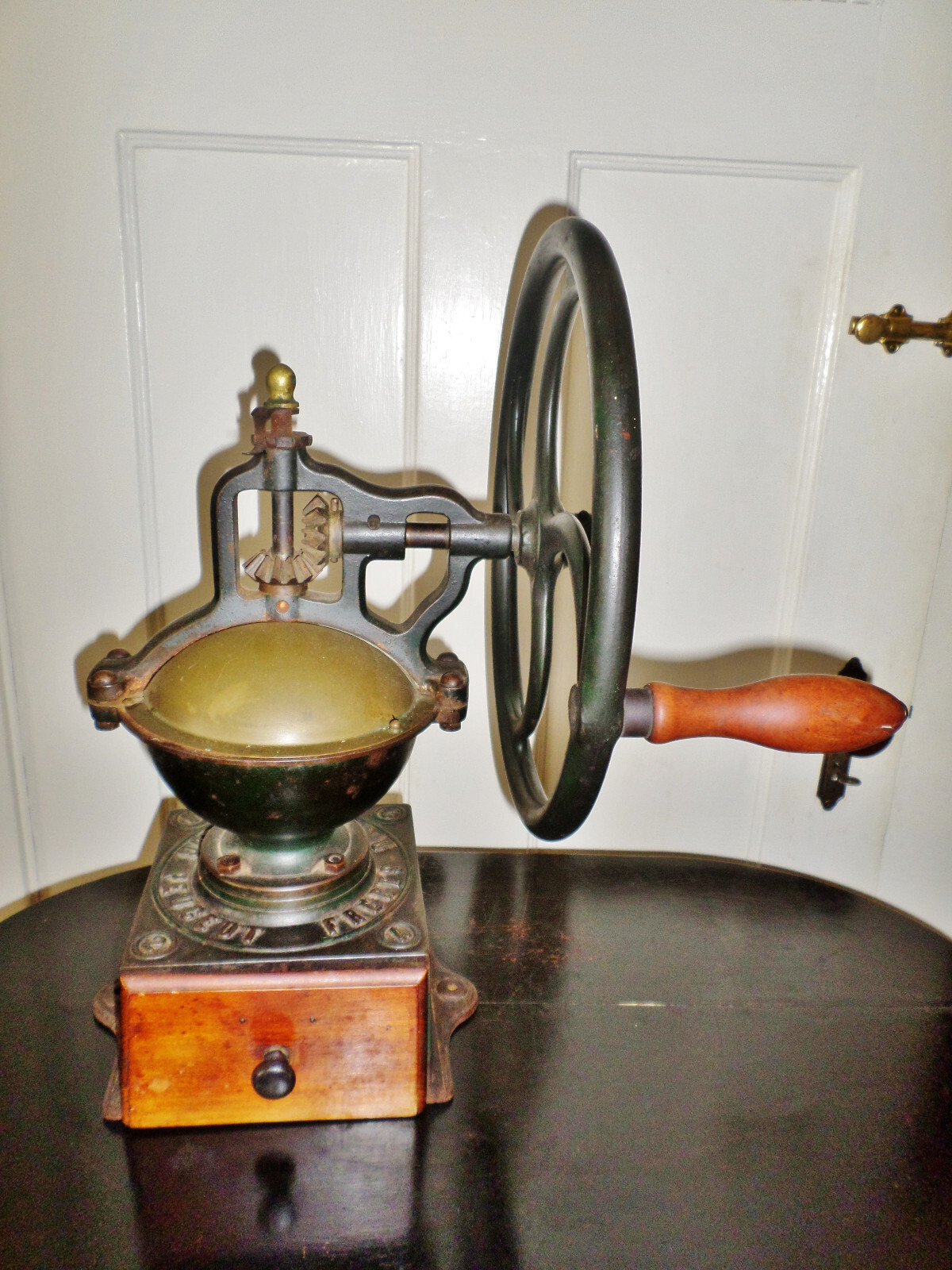 ANTIQUE FRENCH COFFEE GRINDER PEUGEOT FRERES BEAN MILL CAST IRON WOOD BRASS
