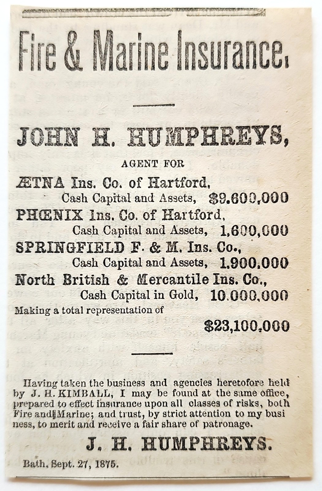1876 John Humphrey Fire & Marine Insurance Advertisement Bath Maine Agent