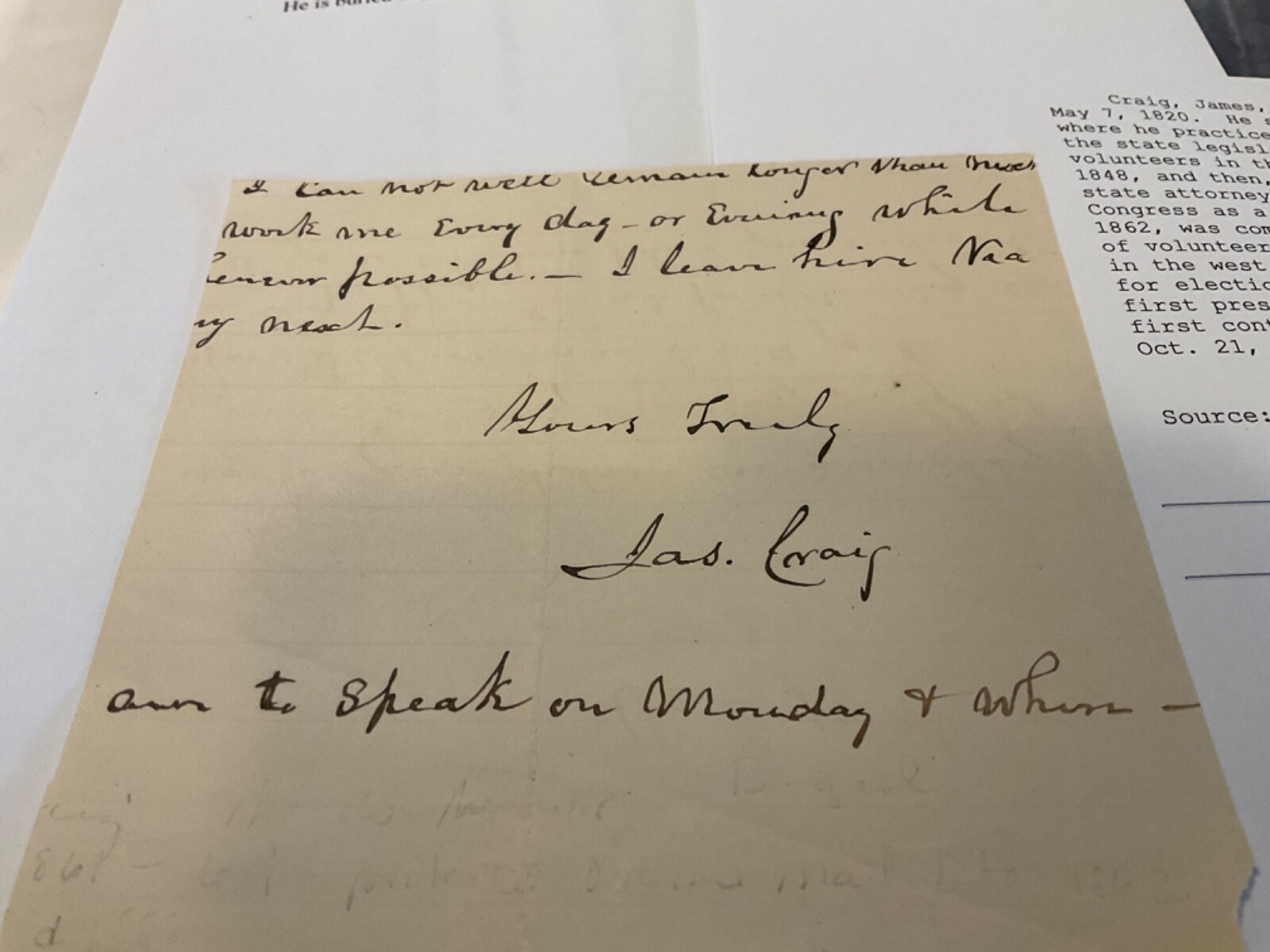 CIVIL WAR GENERAL JAMES CRAIG SIGNATURE ON NOTE LAWYER APP’T GEN. LINCOLN 1778