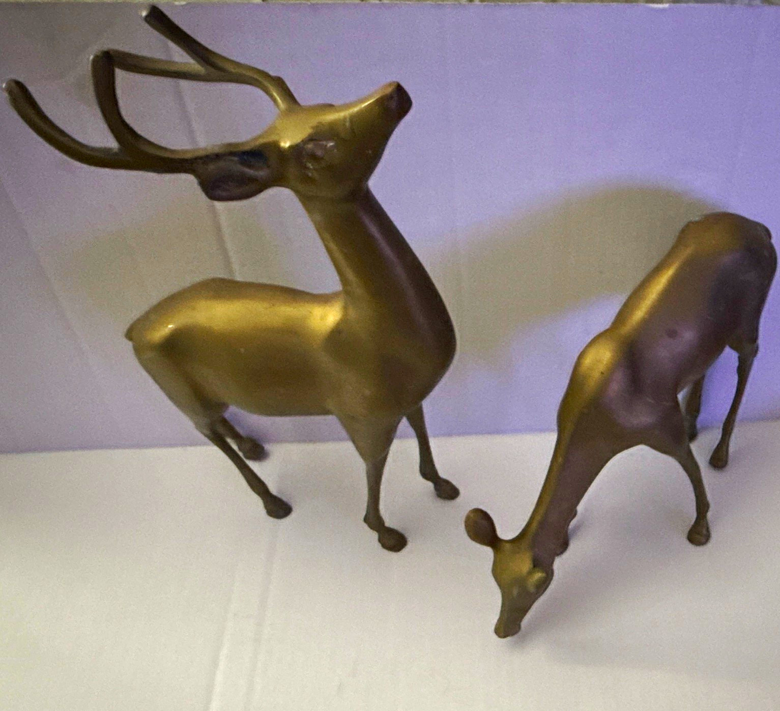Vintage Pair Brass Deer Figurines Large Buck w/ Antlers & Grazing Doe w/ patina Vintage Pair Brass Deer Figurines Large Buck w/ Antlers & Grazing Doe w/ patina
