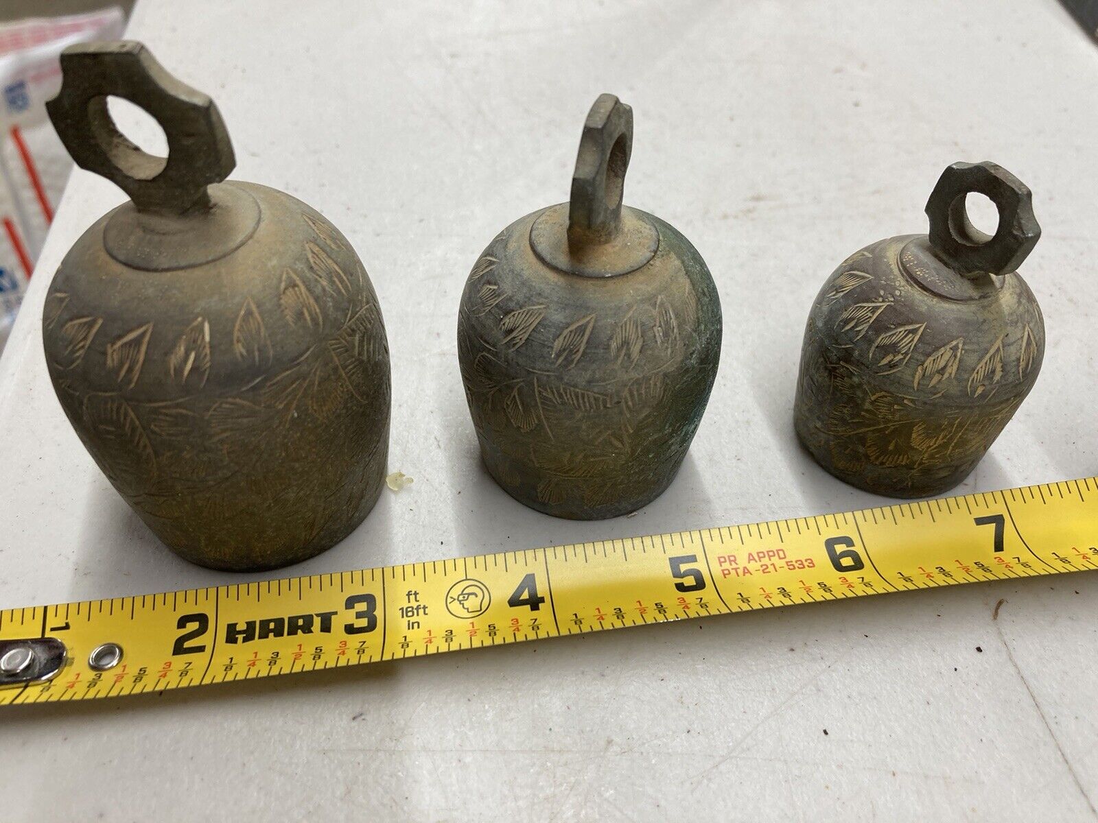 Vintage Lot of 3 Assorted Etched Brass Bells 