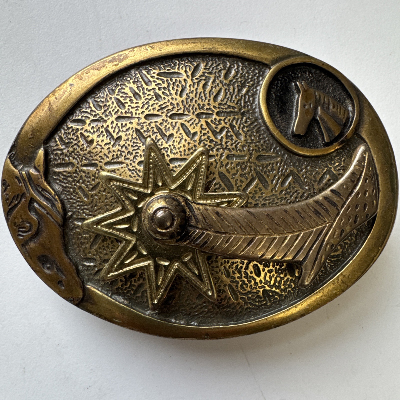 Vintage NOS Spinning Spur & Horses Brass Belt Buckle RARE Vintage NOS Spinning Spur & Horses Brass Belt Buckle RARE