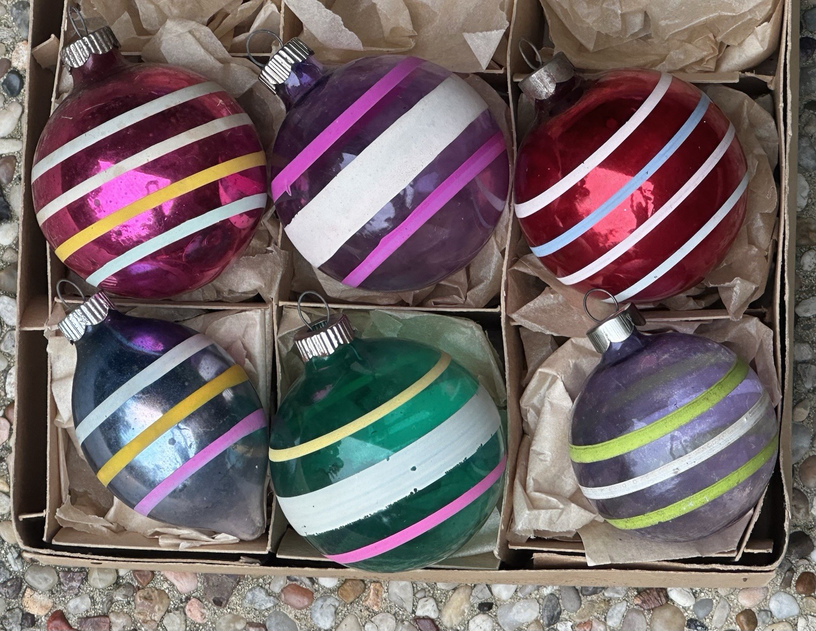 VTG Corning Shiny Brite Made In US Of A Unsilvered Stripes Glass Ornaments VTG Corning Shiny Brite Made In US Of A Unsilvered Stripes Glass Ornaments