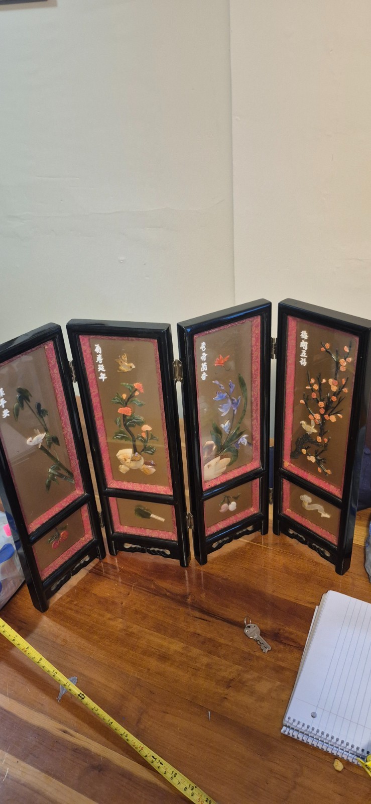 VINTAGE CHINESE FOUR-PANEL BLACK LACQUER WOOD HARD STONE/JADE SHADOW TABLE SCREE