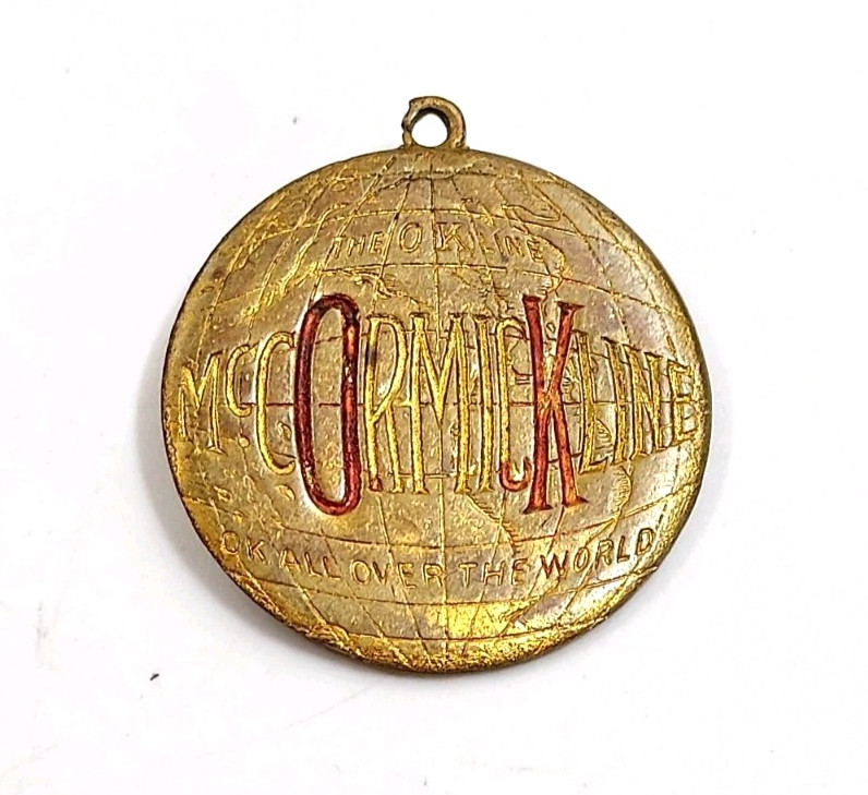 Vintage McCormick OK Line All Over The World Advertising Fob Company Globe Medal Vintage McCormick OK Line All Over The World Advertising Fob Company Globe Medal