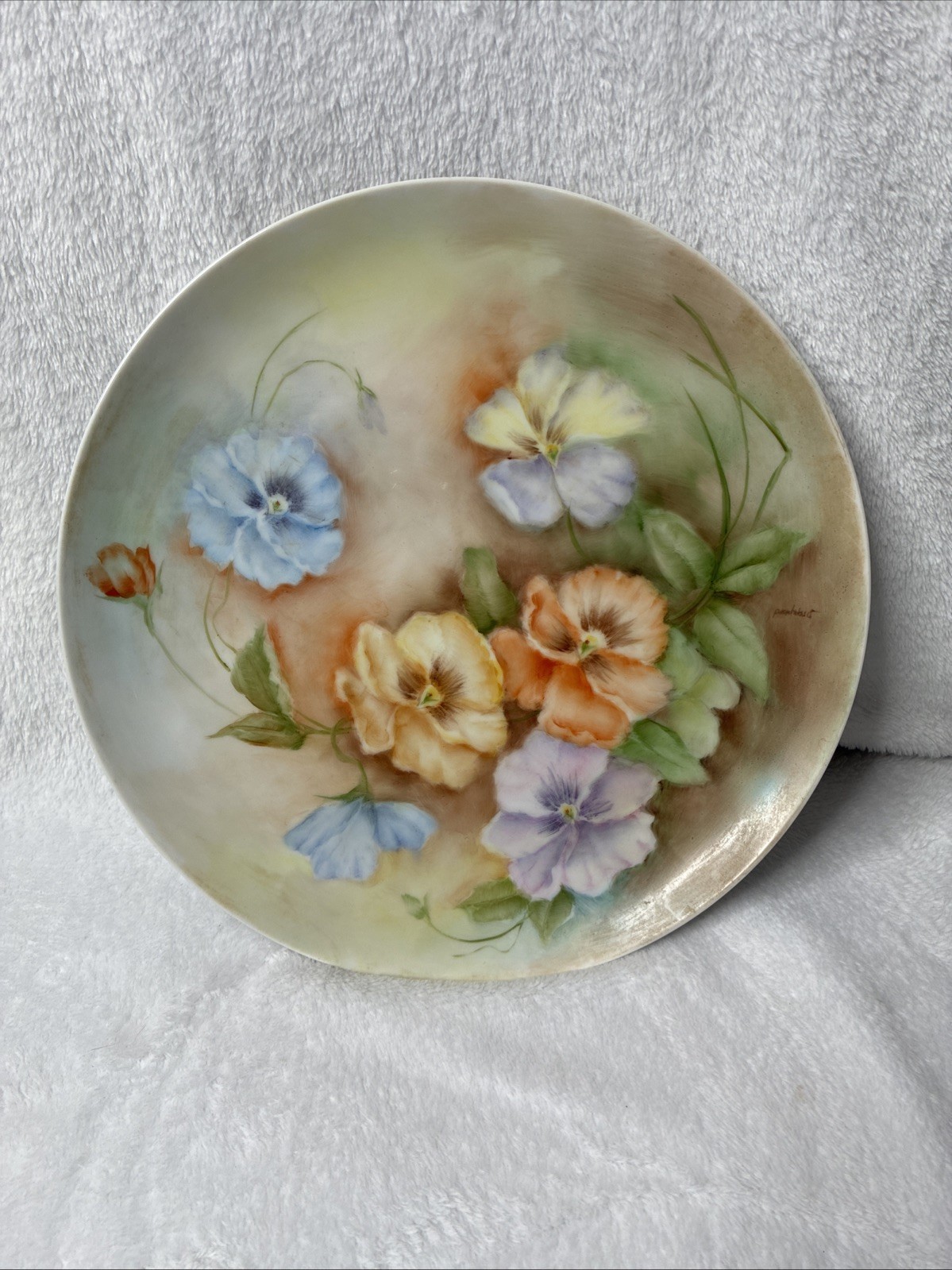 Vintage Hand Painted Pansy Porcelain Plate 10.5” Artist Signed Floral Decor Vintage Hand Painted Pansy Porcelain Plate 10.5” Artist Signed Floral Decor