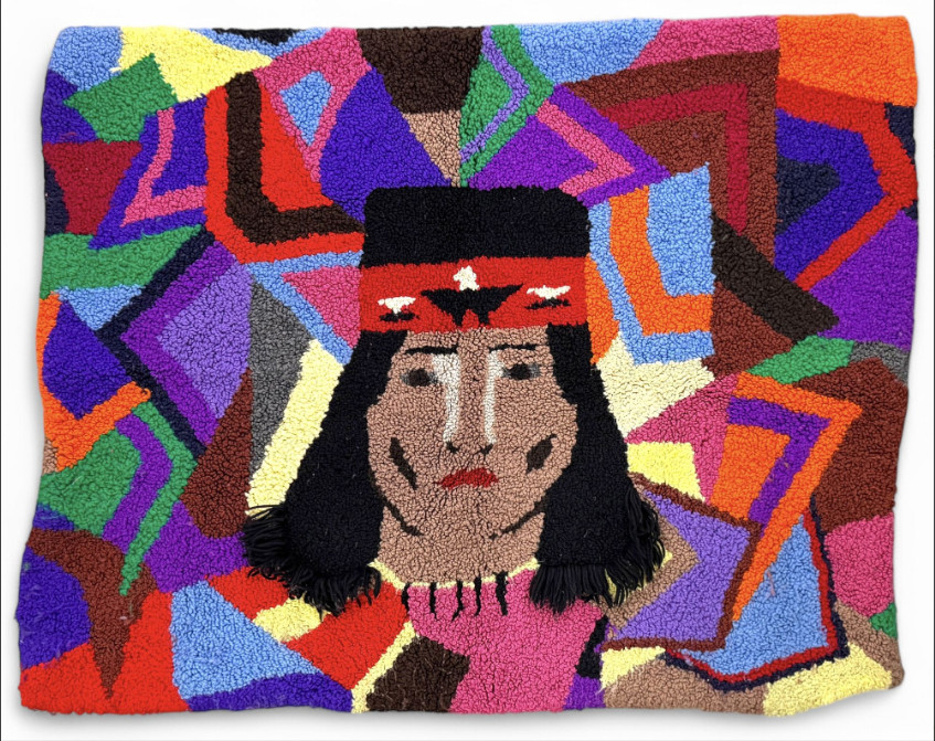 Vintage Hand Hooked Needle Art Native America Indian Head Rug Tapestry 3\'x3\'10\'\' Vintage Hand Hooked Needle Art Native America Indian Head Rug Tapestry 3\'x3\'10\'\'