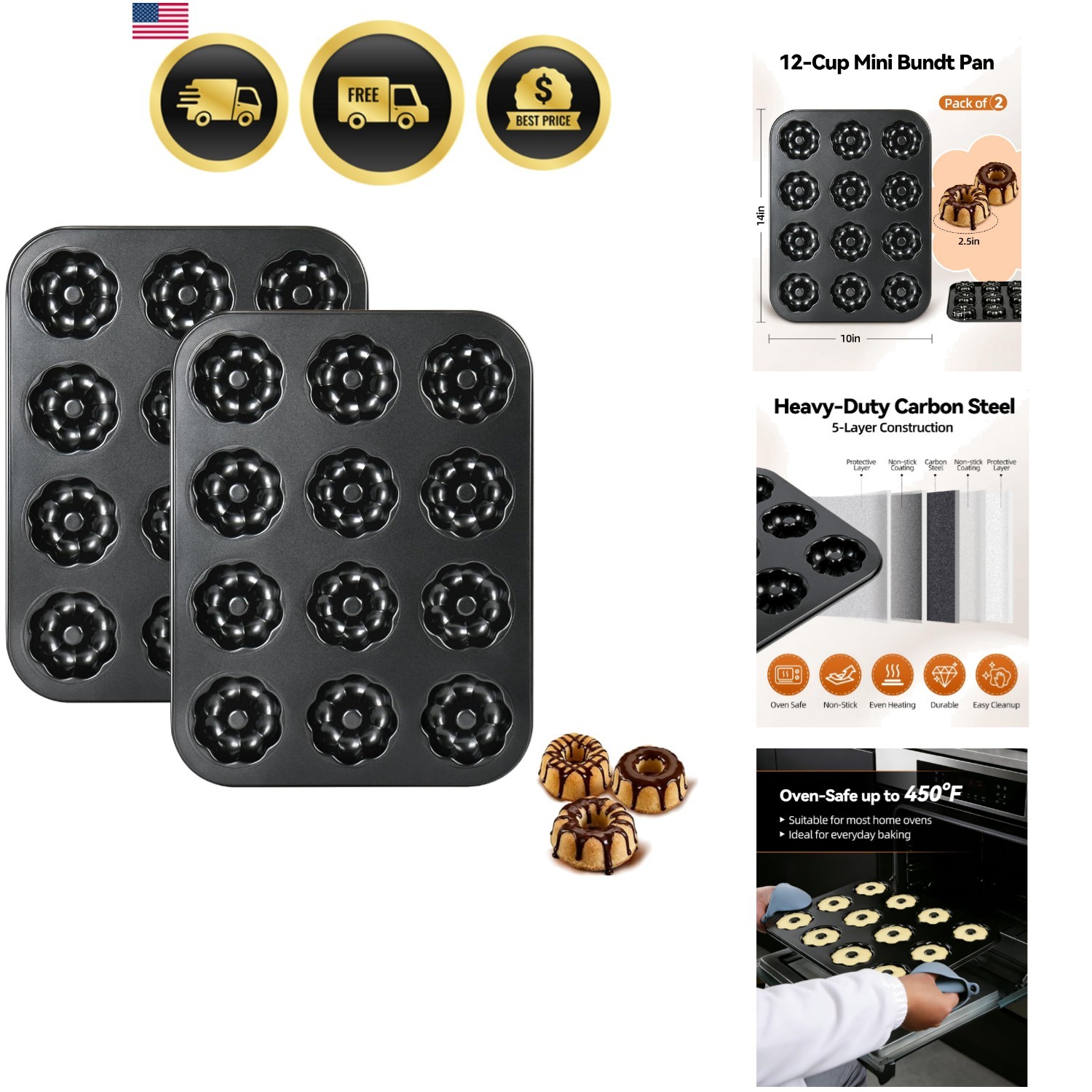 2 Pack Mini Bundt Cake Pans for Baking, 12 Cavity Nonstick Fluted Tube Pan 2 Pack Mini Bundt Cake Pans for Baking, 12 Cavity Nonstick Fluted Tube Pan