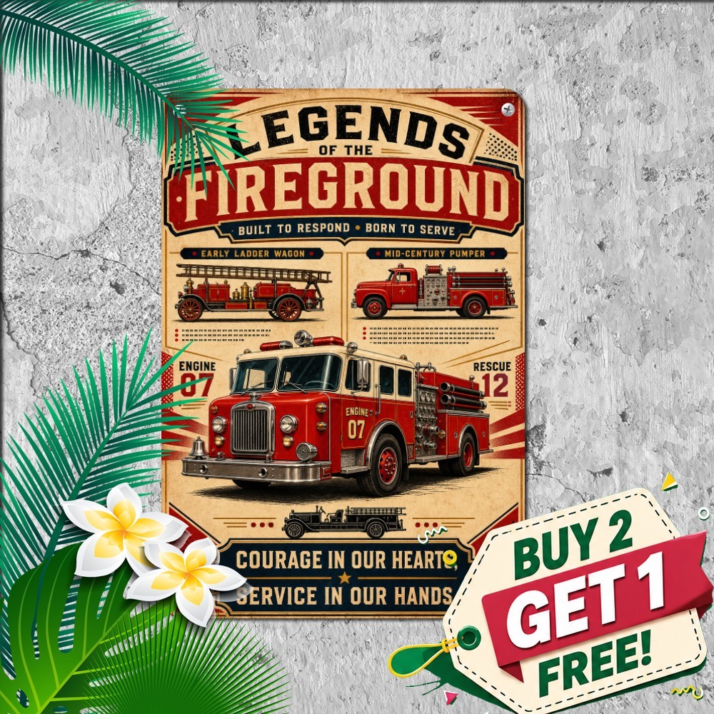 Classic Red Fire Engine Poster Art Sign Vintage Emergency Station Metal Plaque