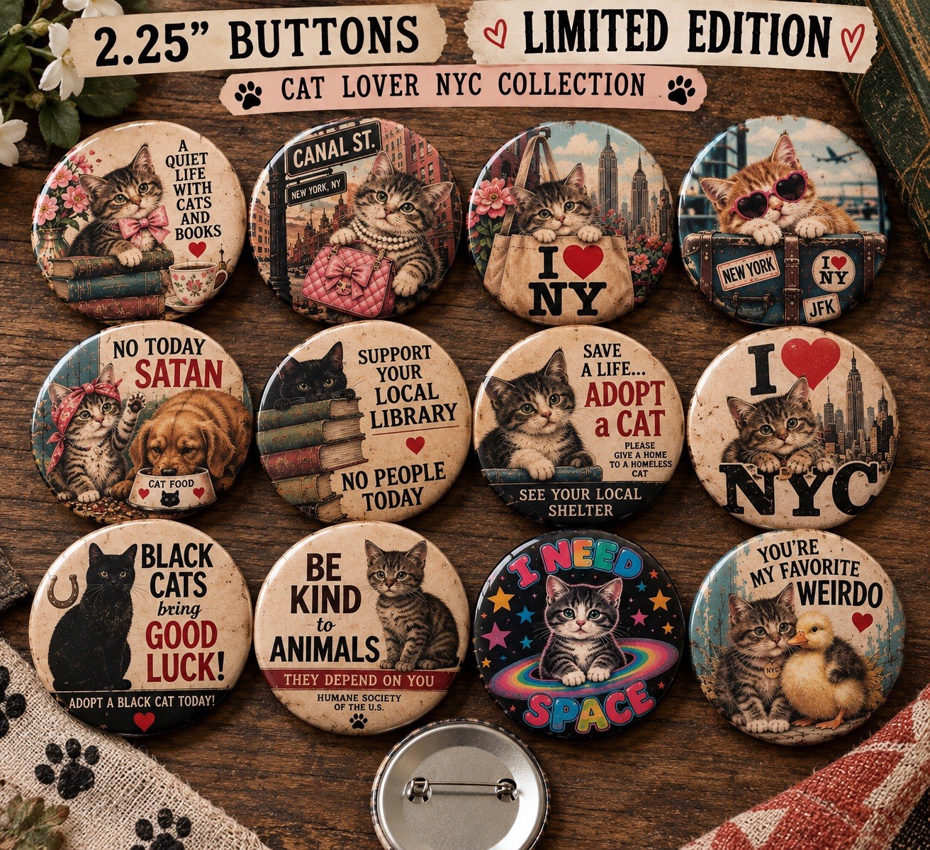 12 Vintage Retro Cat Pinback Buttons 2.25” NYC Kitten Limited Collector Set 12 Vintage Retro Cat Pinback Buttons 2.25” NYC Kitten Limited Collector Set