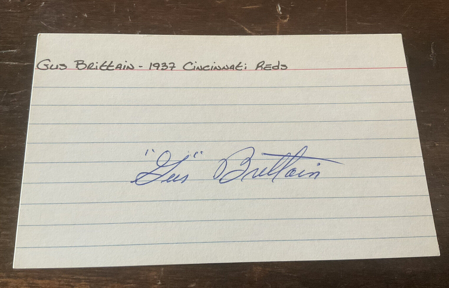 Gus Brittain autographed 3 x 5 index card MLB 1937 Debut