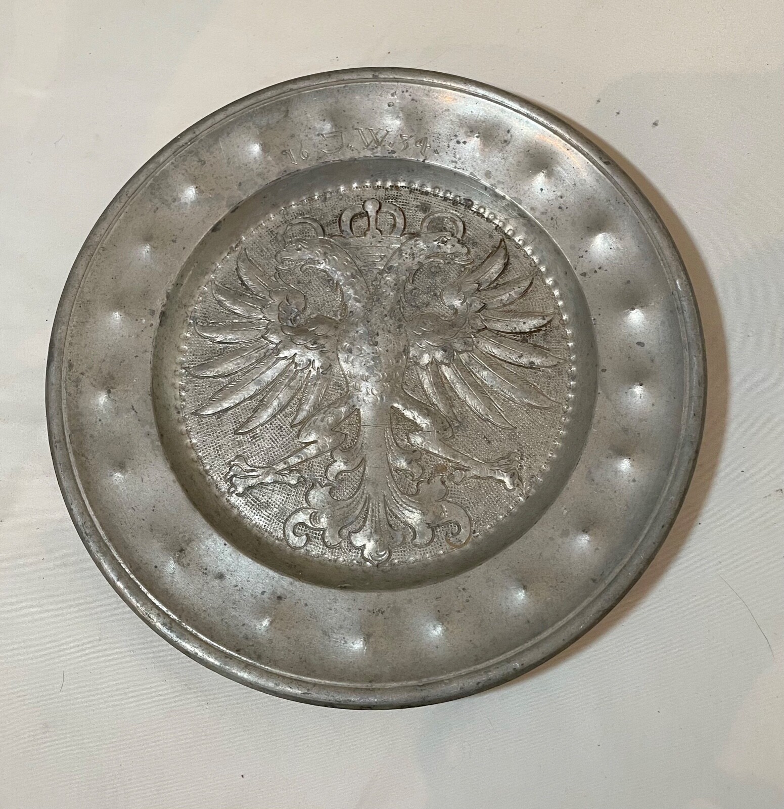 rare antique 1634 17th century engraved hand forged pewter eagle dinner plate rare antique 1634 17th century engraved hand forged pewter eagle dinner plate