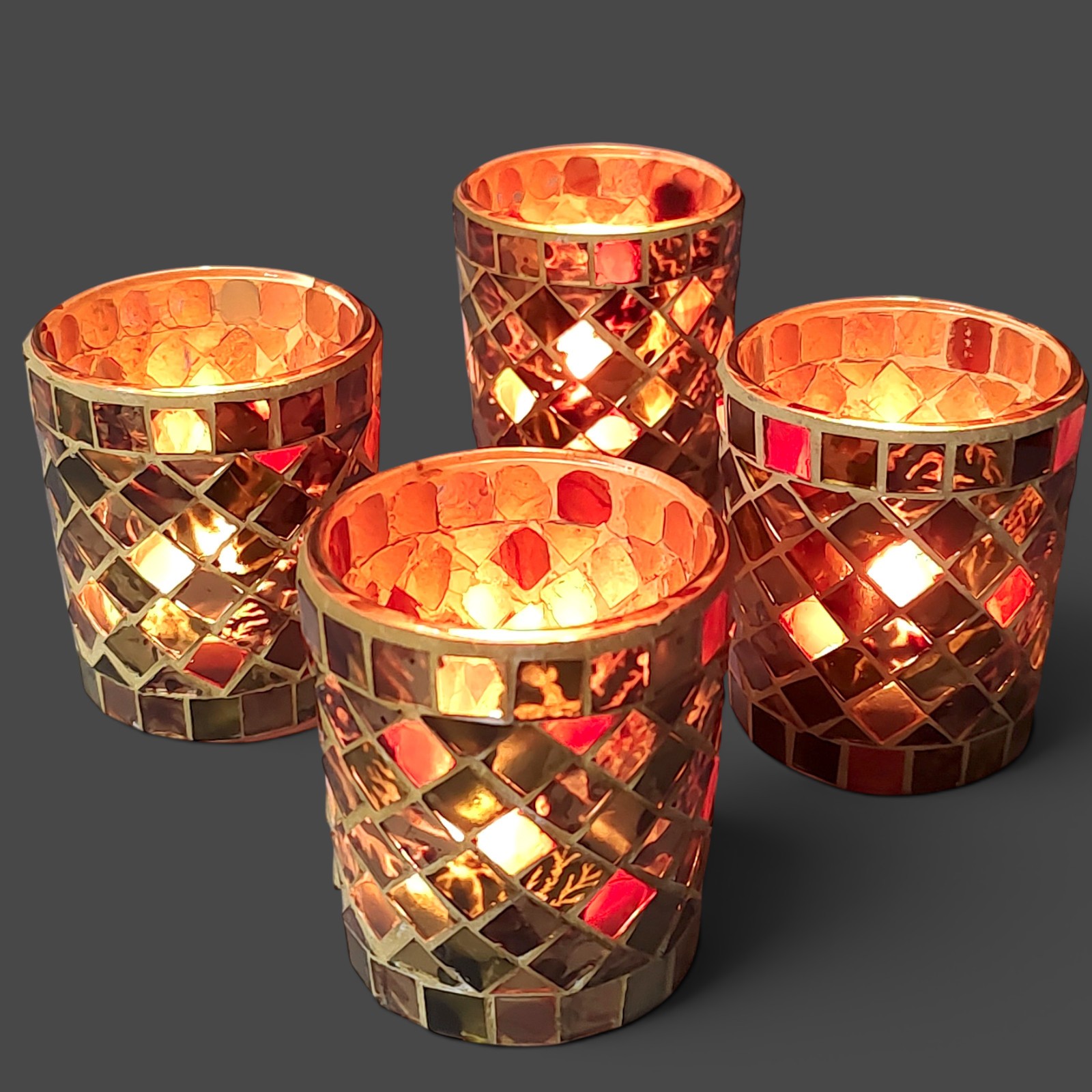 Set Of 4 VTG Stained Glass Mosaic Votive Candle Holders Vibrant Colors 2.5