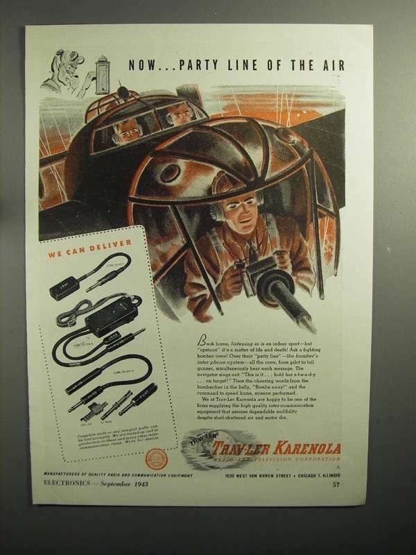 1943 WWII Trav-Ler Karenola Cord Ad - Party Line of Air