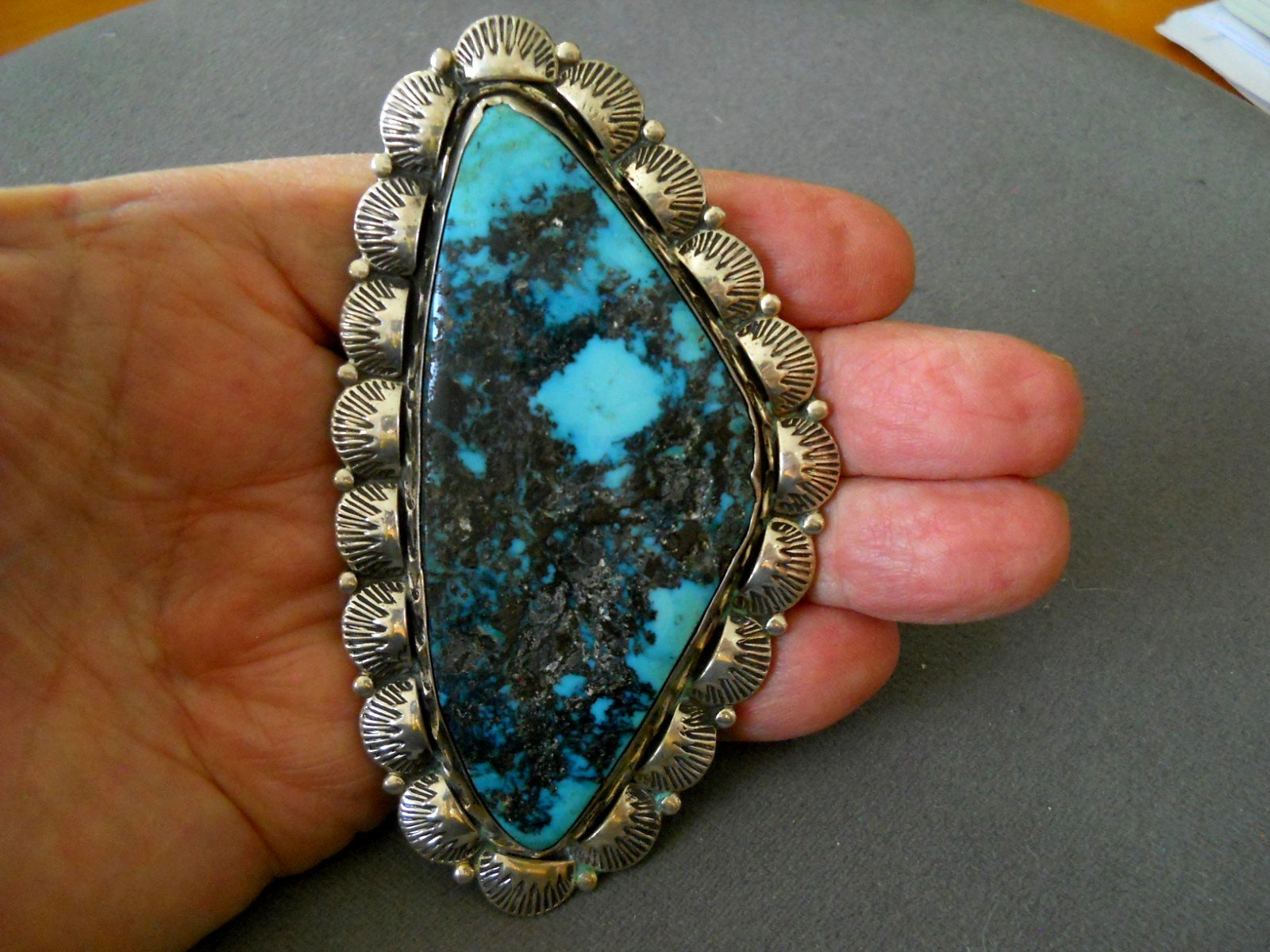 HUGE Native American Navajo Natural Turquoise Sterling Silver Hook Pendant 4.2