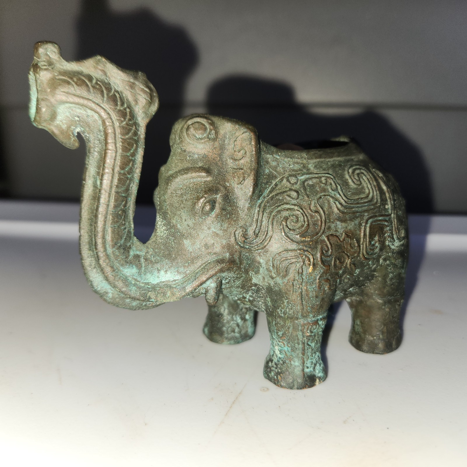 ​Heavy Chinese Archaic Bronze Elephant Zun Wine Vessel - 1.25 lbs - Taotie Motif