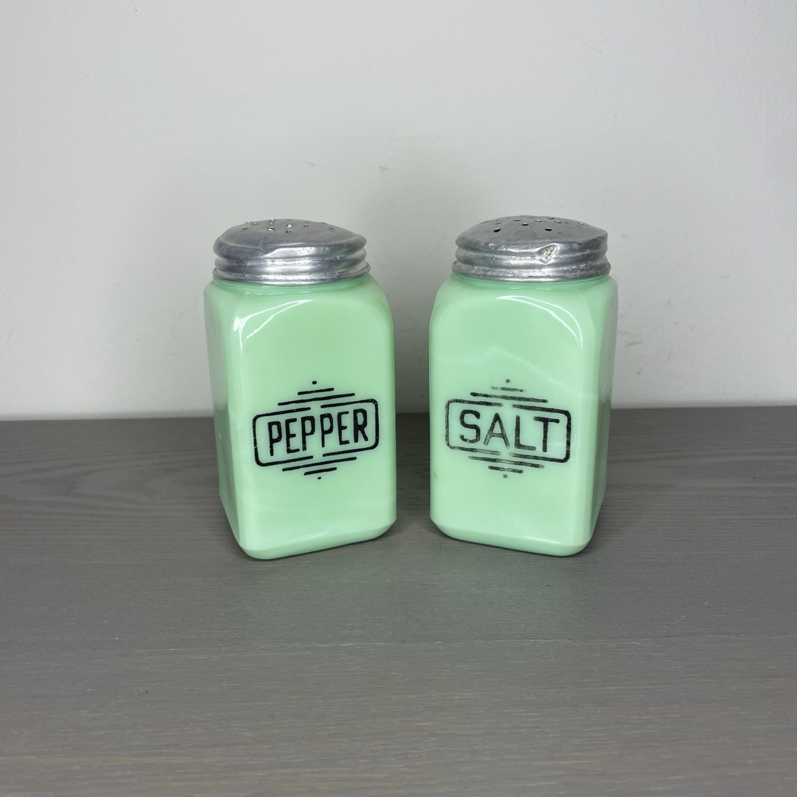Vintage McKee Jadite Small Box Salt And Pepper Shakers MCM Mid Century Modern Vintage McKee Jadite Small Box Salt And Pepper Shakers MCM Mid Century Modern