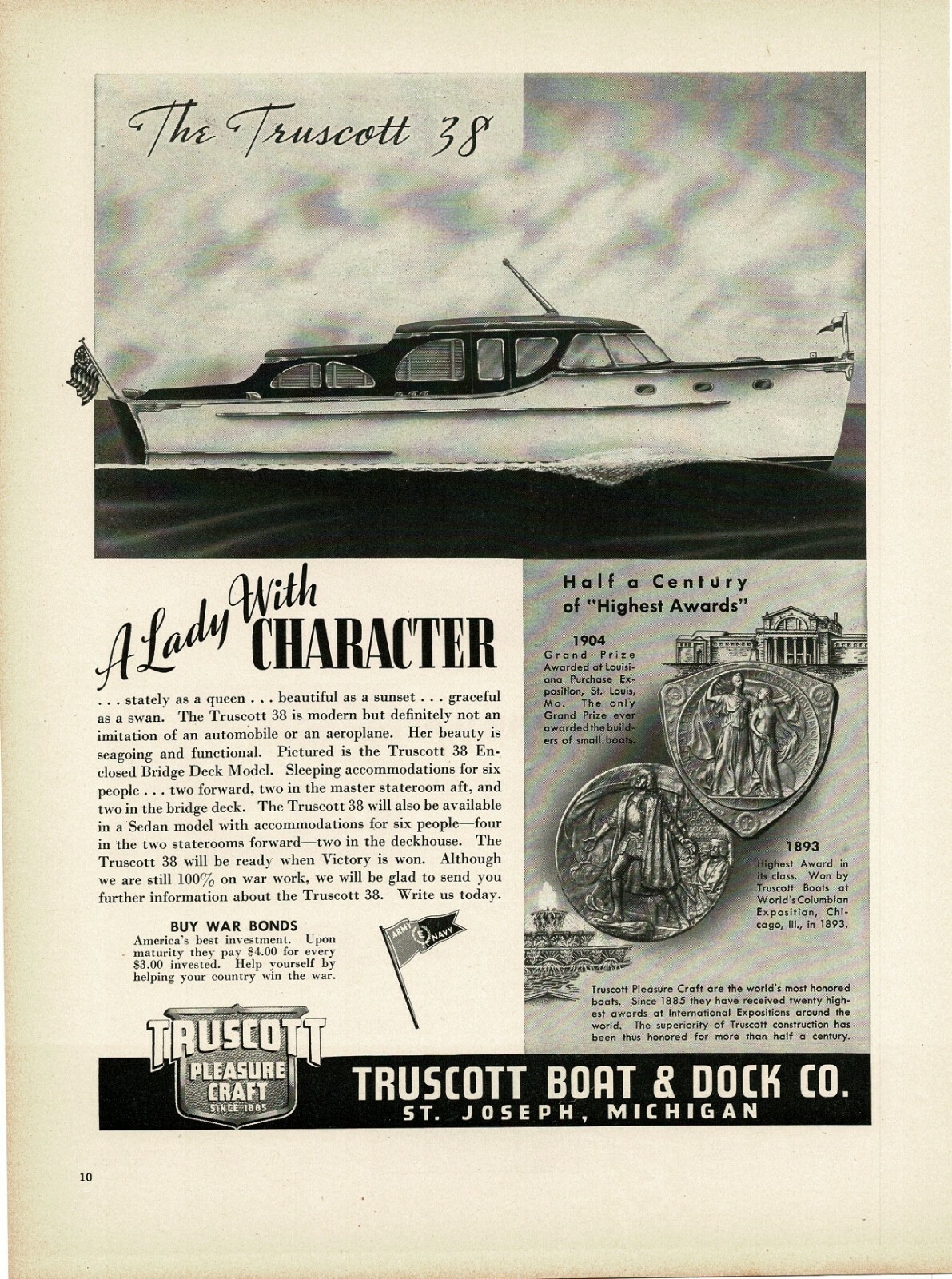 1945 TRUSCOTT BOAT & DOCK Truscott 38 sedan cruiser Vintage Print Ad 2