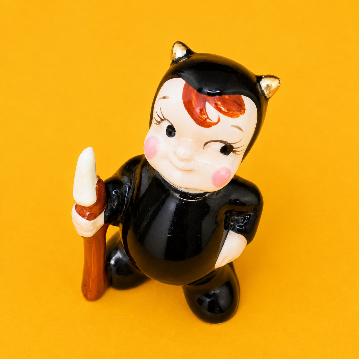 ❤️ CUTE Little Black Devil with Spear Figurine 1950s Kitsch MCM Japan Ceramic ❤️ CUTE Little Black Devil with Spear Figurine 1950s Kitsch MCM Japan Ceramic
