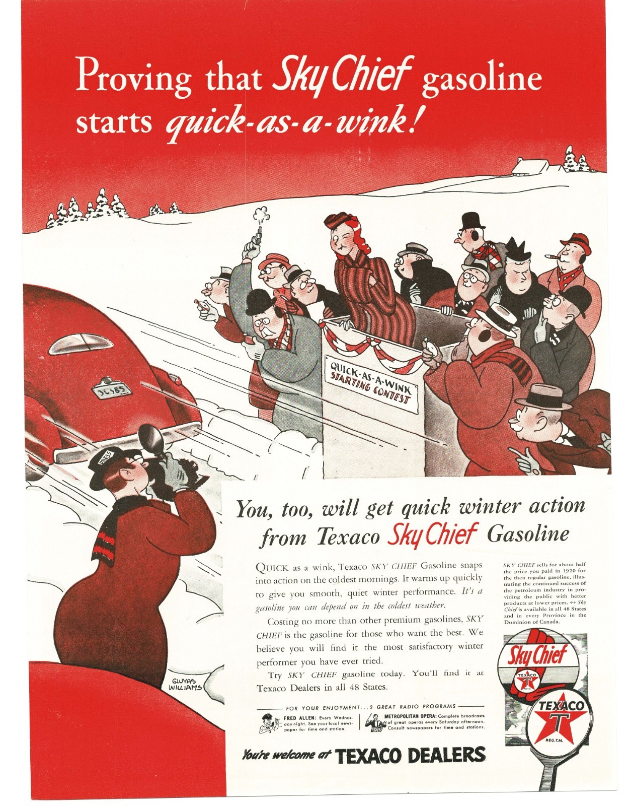 1942 TEXACO SKY CHIEF Gasoline Print Ad Gluyas Williams Art Winter Start Car 1942 TEXACO SKY CHIEF Gasoline Print Ad Gluyas Williams Art Winter Start Car