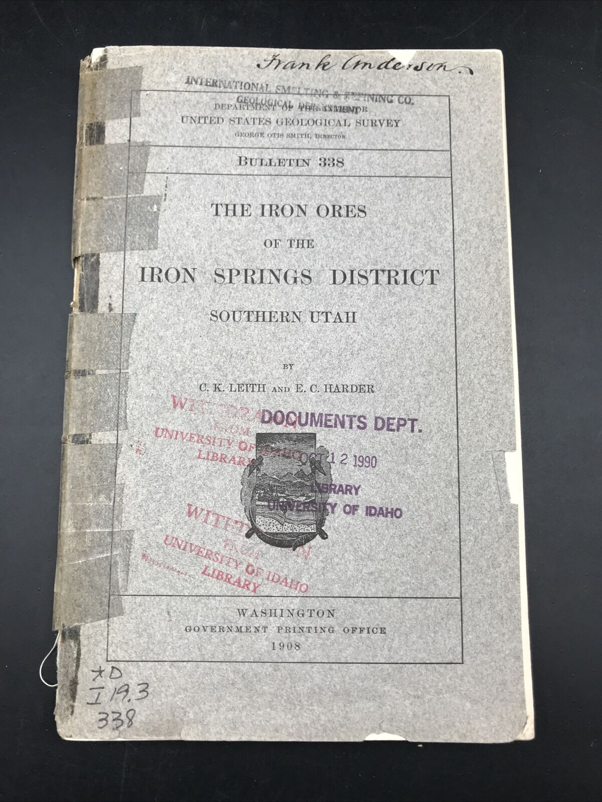 1908 USGS Bulletin 338 Iron Ores Iron Springs District Southern Utah w/Graph Map