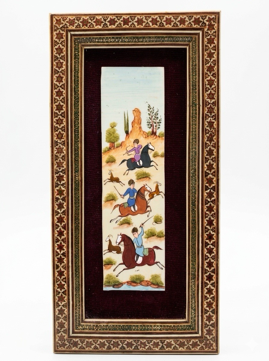 Signed Manouchehr Persian Miniature Painting on Bone Khatam Kari Mosaic Frame