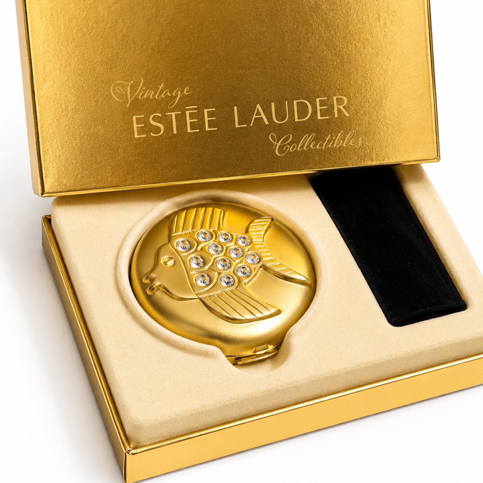 Estee Lauder Go Fish Crystal Lucidity Powder Compact Gold NIB Mint Collectible