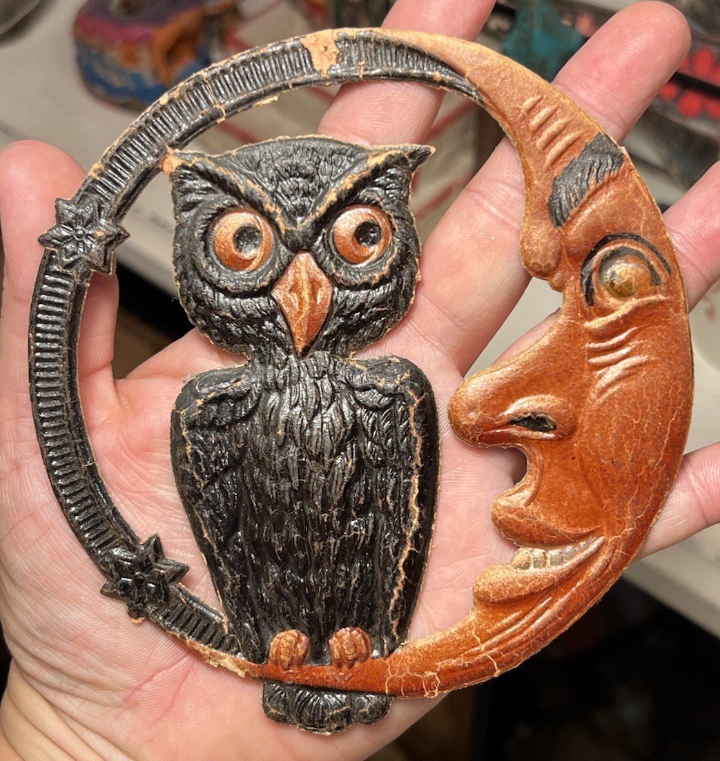 Antique German 1910’s-20’s Halloween Embossed Die Cut Owl Crescent Man in Moon Antique German 1910’s-20’s Halloween Embossed Die Cut Owl Crescent Man in Moon