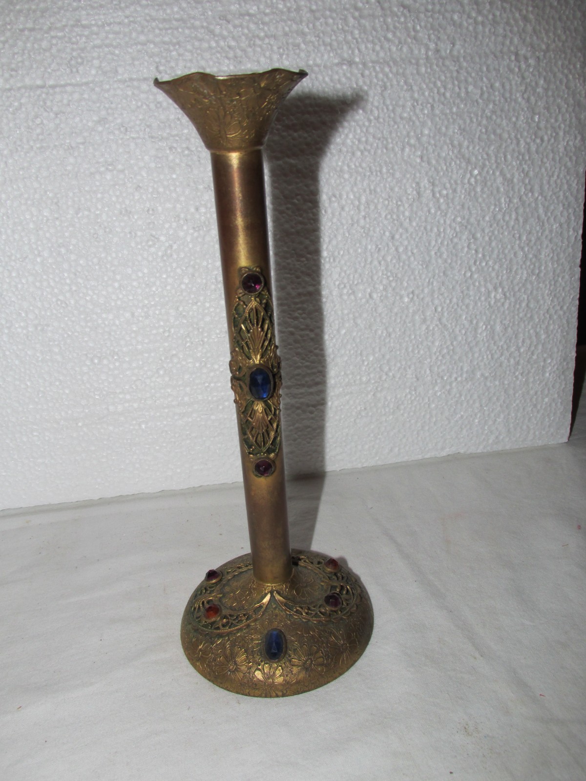 Extremely Rare 1920's Filagree Brass Glass Jewels Vanity Bud Vase E & JB? Extremely Rare 1920's Filagree Brass Glass Jewels Vanity Bud Vase E & JB?