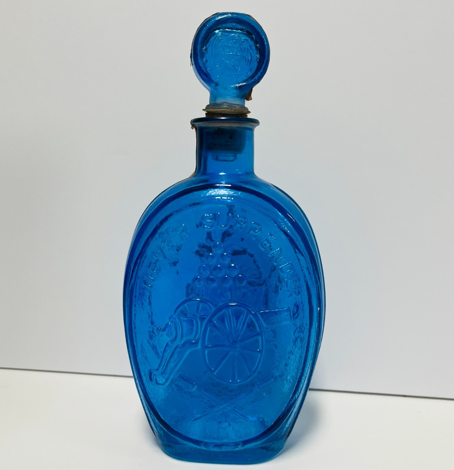 Vintage Ezra Brooks Never Surrender Blue Glass Whiskey Decanter Eagle Cannon Vintage Ezra Brooks Never Surrender Blue Glass Whiskey Decanter Eagle Cannon