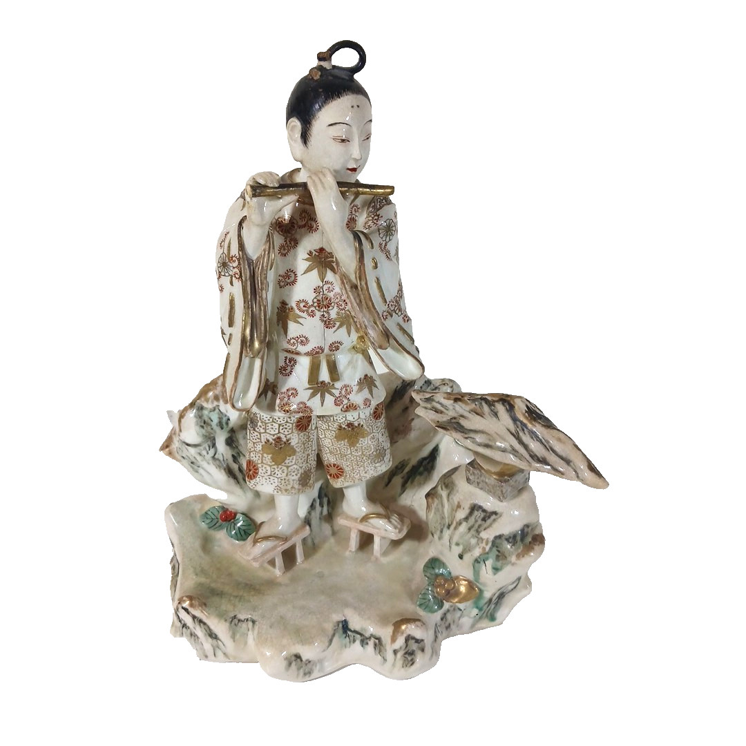 Antique Japanese Satsuma Porcelain Standing Woman Bijin with Flute Figure Antique Japanese Satsuma Porcelain Standing Woman Bijin with Flute Figure