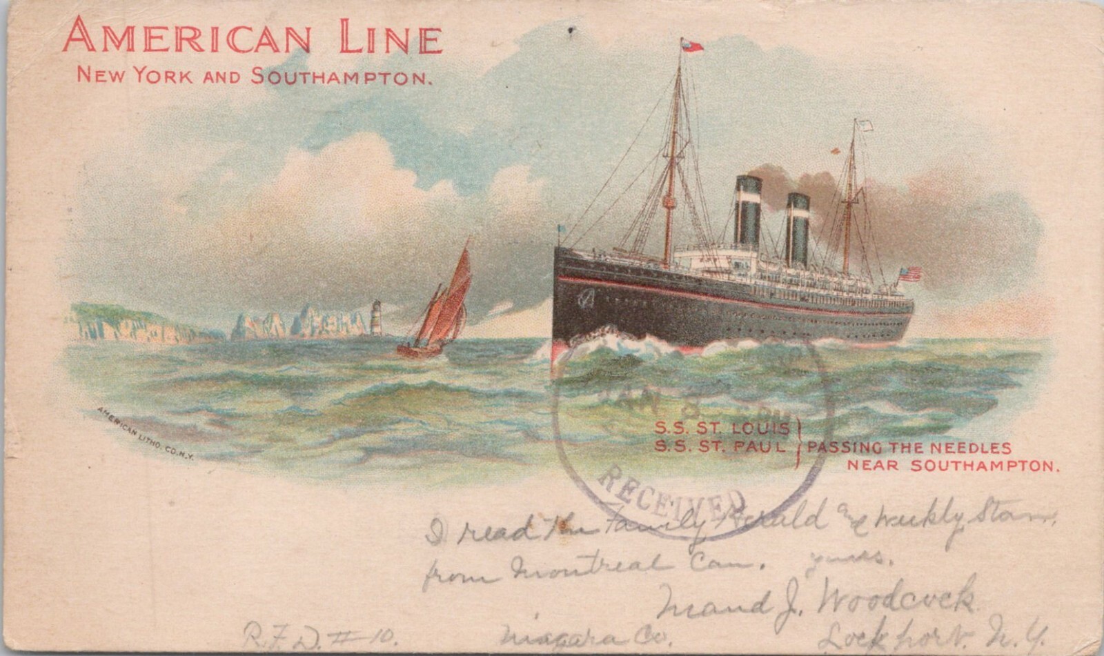 LITHO Steamship St. Louis & St. Paul Southampton England 1906 PMC Fort Jones CA LITHO Steamship St. Louis & St. Paul Southampton England 1906 PMC Fort Jones CA