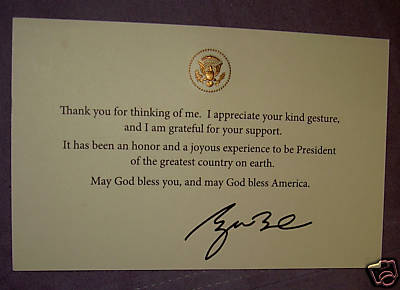 PRES GW BUSH WHITE HOUSE CARD THANK YOU GOD BLESS AMERICA GOLD EAGLE REPUBLICAN