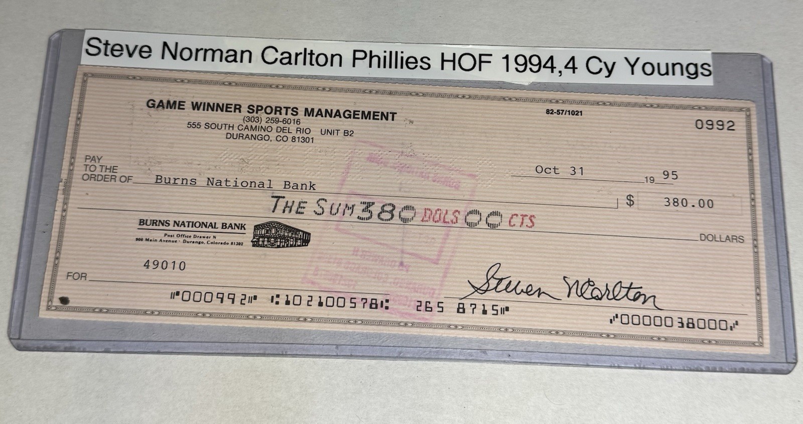 Steve Carlton Signed Check LOA Steve Carlton Signed Check LOA